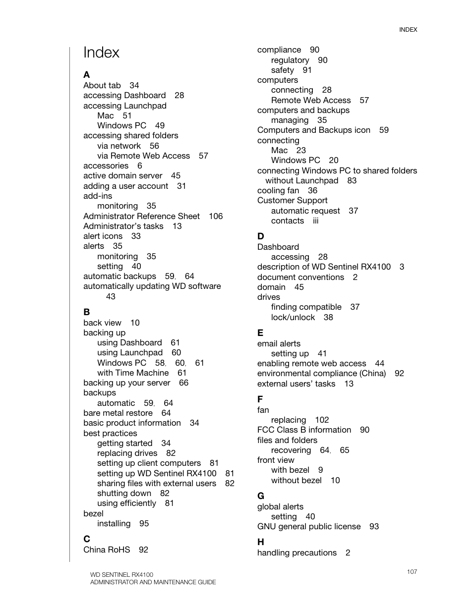 Index | Western Digital WD Sentinel RX4100 User Manual User Manual | Page 113 / 117