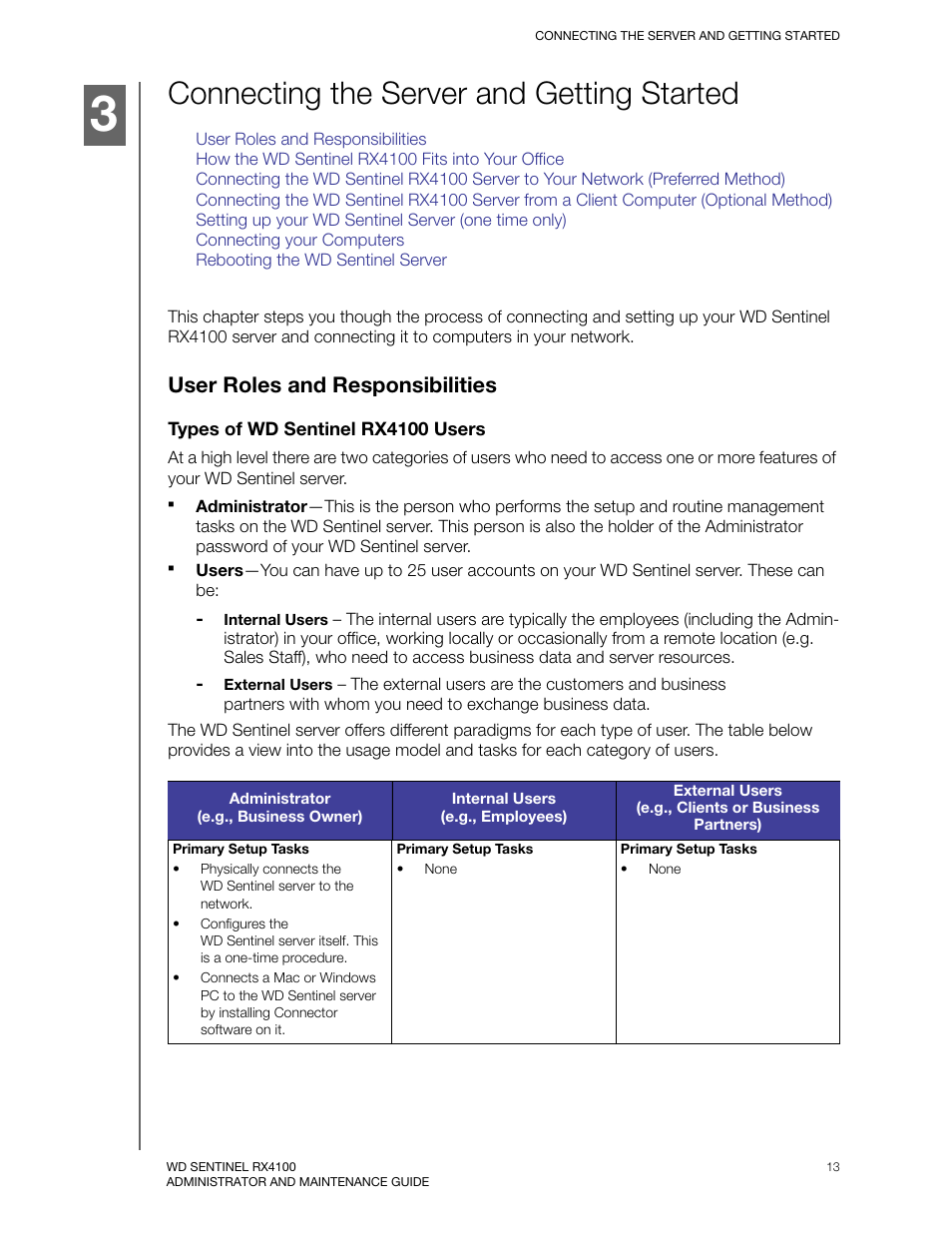 Connecting the server and getting started, User roles and responsibilities | Western Digital WD Sentinel RX4100 User Manual User Manual | Page 19 / 117