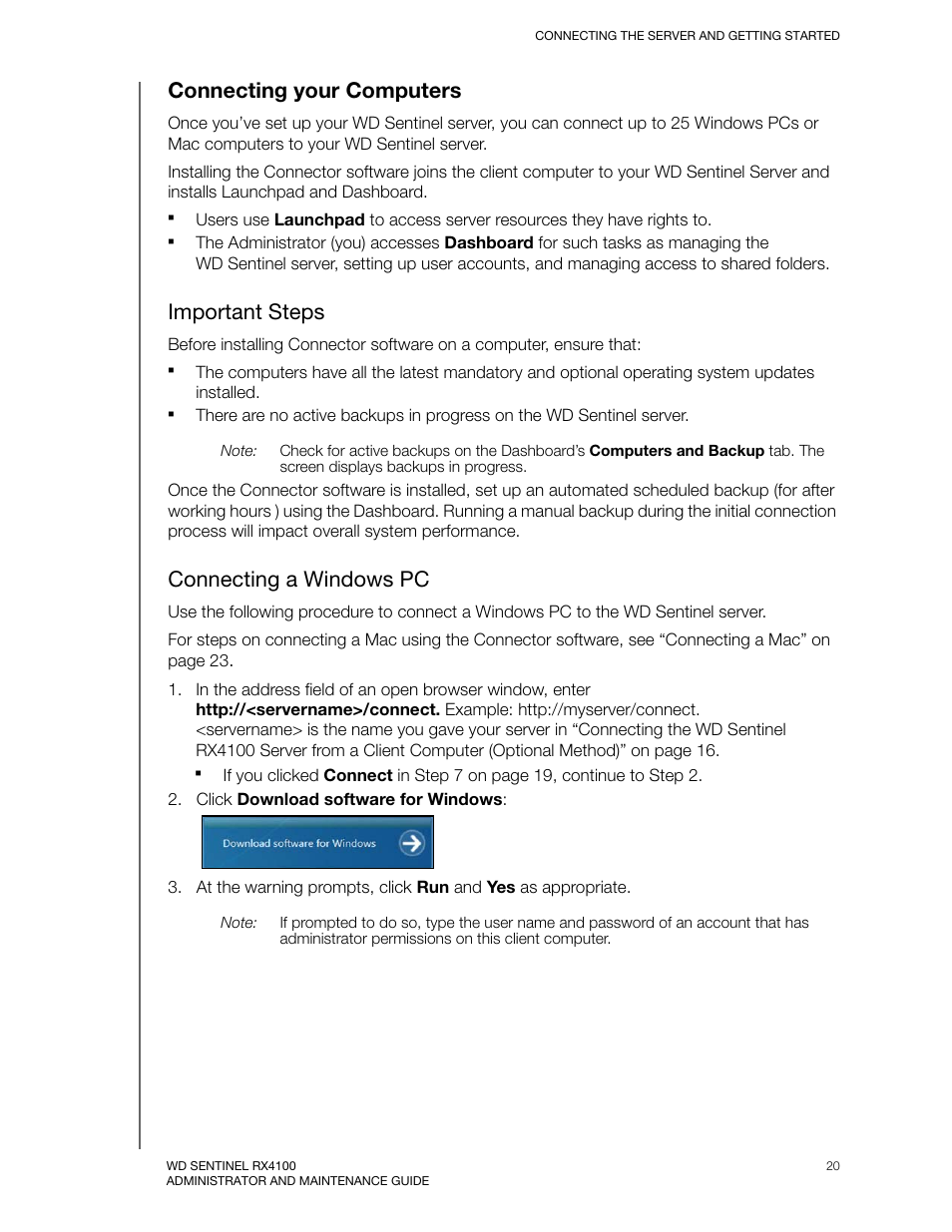 Connecting your computers, Important steps, Connecting a windows pc | Western Digital WD Sentinel RX4100 User Manual User Manual | Page 26 / 117