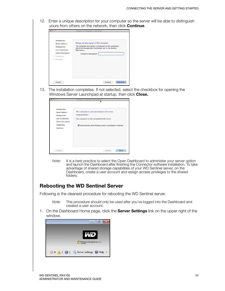 Rebooting the wd sentinel server | Western Digital WD Sentinel RX4100 User Manual User Manual | Page 32 / 117