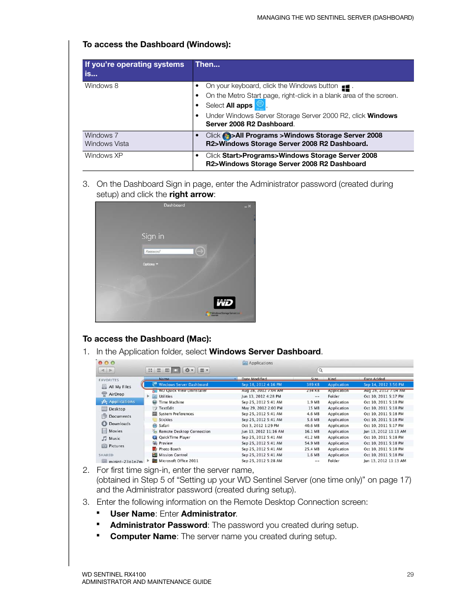To access the dashboard (windows), To access the dashboard (mac) | Western Digital WD Sentinel RX4100 User Manual User Manual | Page 35 / 117