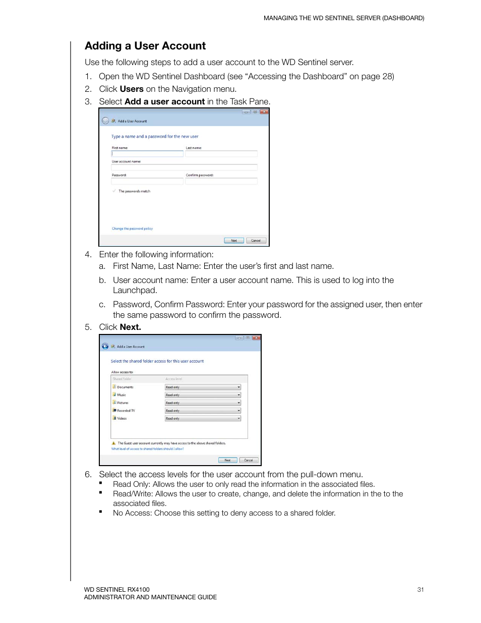 Adding a user account | Western Digital WD Sentinel RX4100 User Manual User Manual | Page 37 / 117