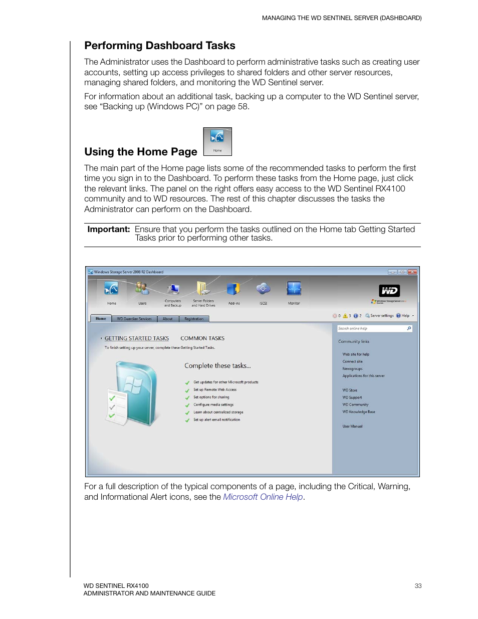 Performing dashboard tasks, Using the home page | Western Digital WD Sentinel RX4100 User Manual User Manual | Page 39 / 117