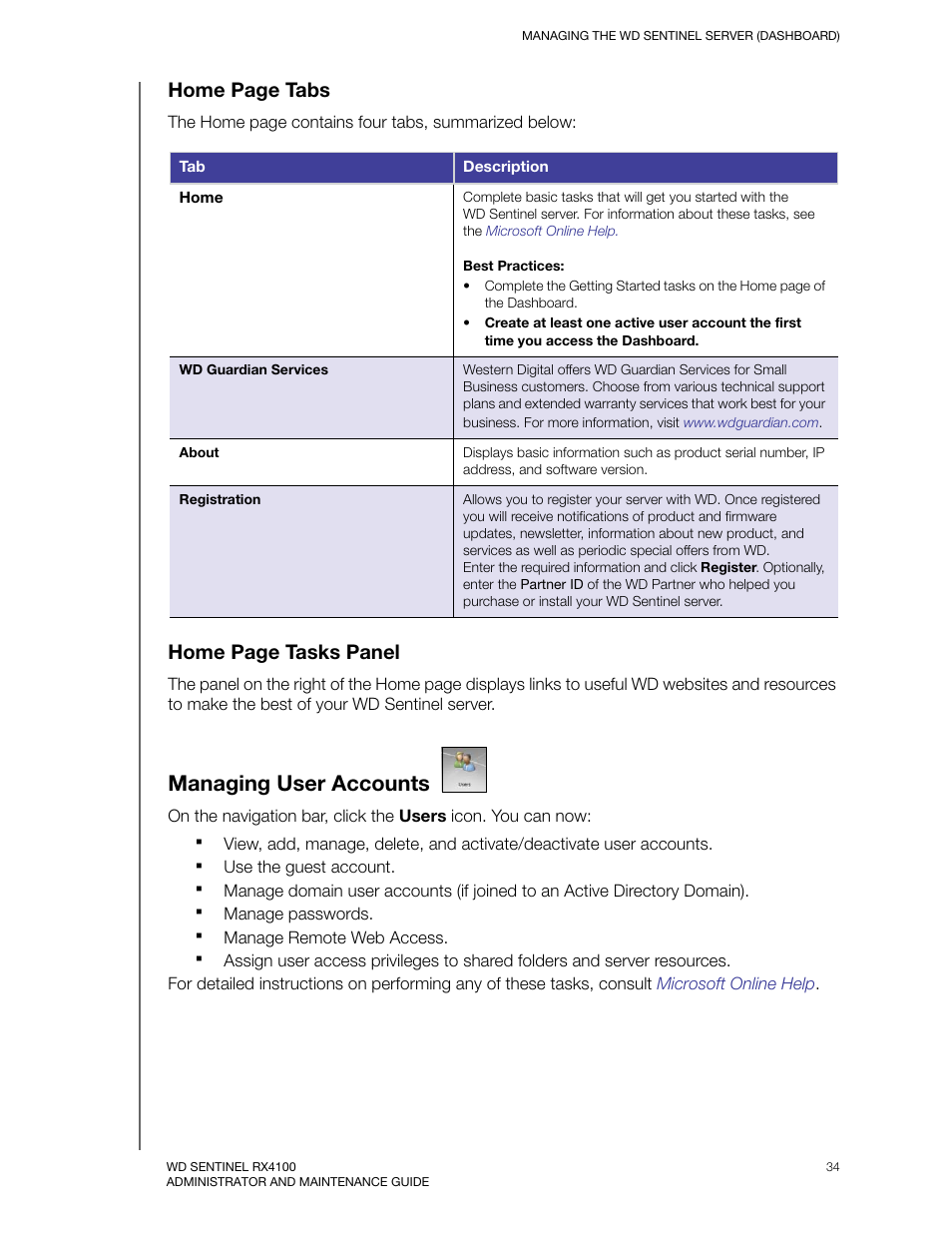 Managing user accounts, Home page tabs, Home page tasks panel | Western Digital WD Sentinel RX4100 User Manual User Manual | Page 40 / 117