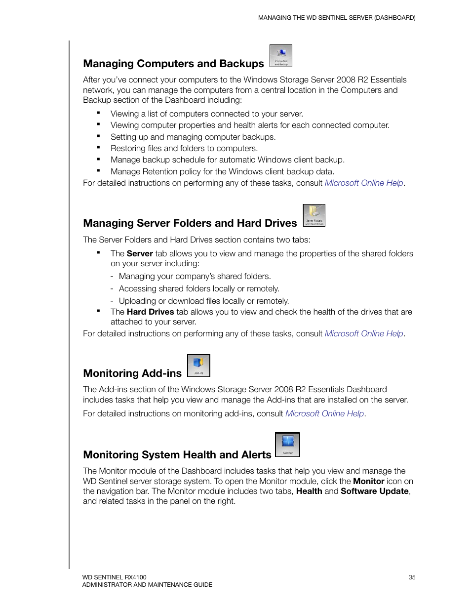 Managing computers and backups, Managing server folders and hard drives, Monitoring add-ins | Monitoring system health and alerts | Western Digital WD Sentinel RX4100 User Manual User Manual | Page 41 / 117