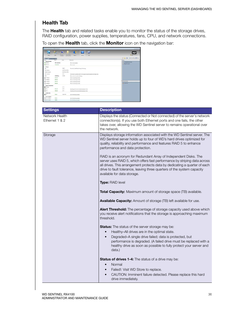 Health tab | Western Digital WD Sentinel RX4100 User Manual User Manual | Page 42 / 117