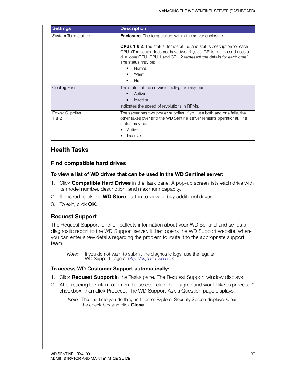 Health tasks | Western Digital WD Sentinel RX4100 User Manual User Manual | Page 43 / 117