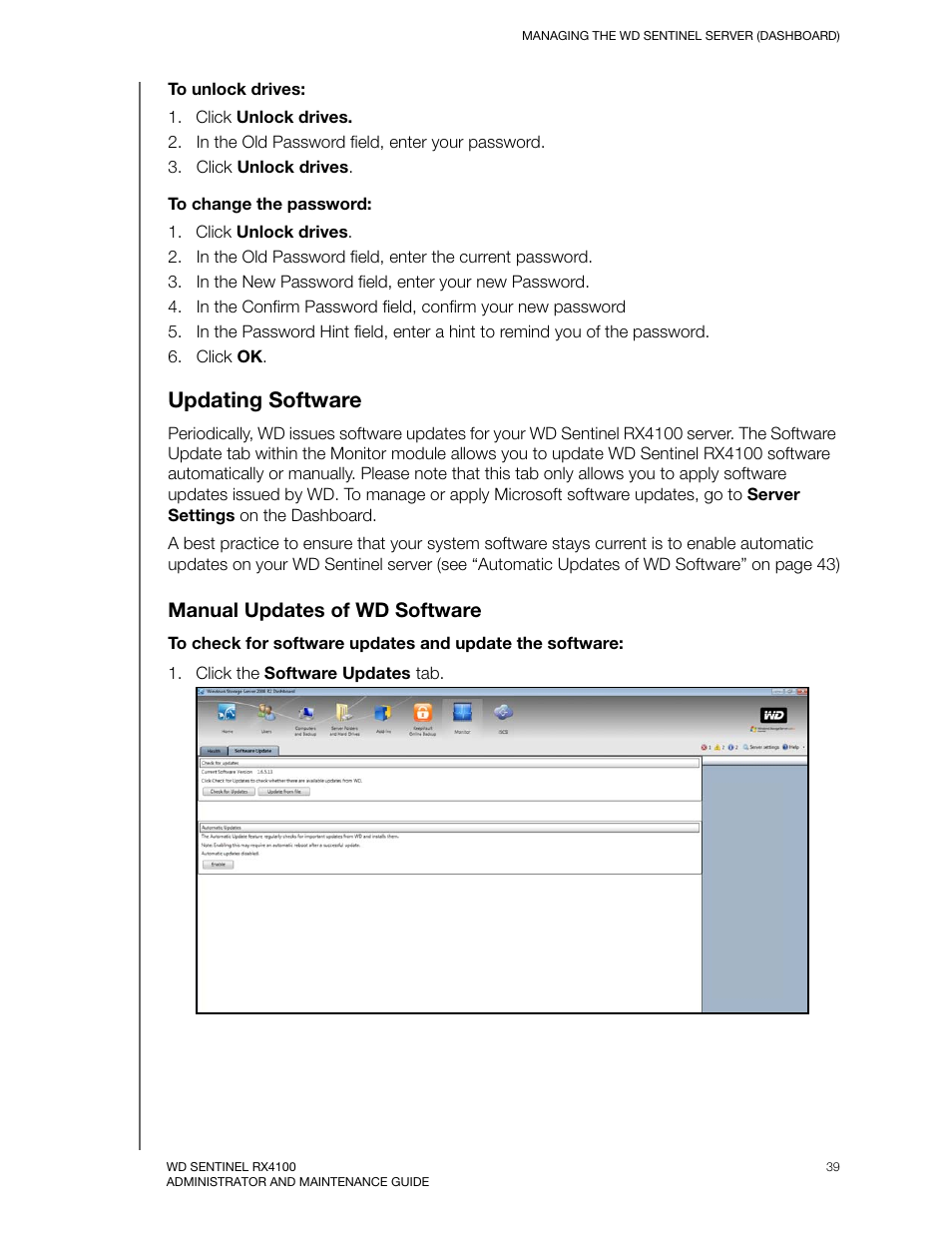 Updating software, Manual updates of wd software | Western Digital WD Sentinel RX4100 User Manual User Manual | Page 45 / 117