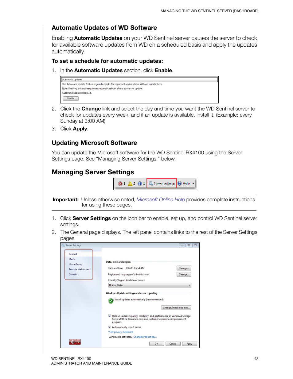 Automatic updates of wd software, Updating microsoft software, Managing server settings | Western Digital WD Sentinel RX4100 User Manual User Manual | Page 49 / 117