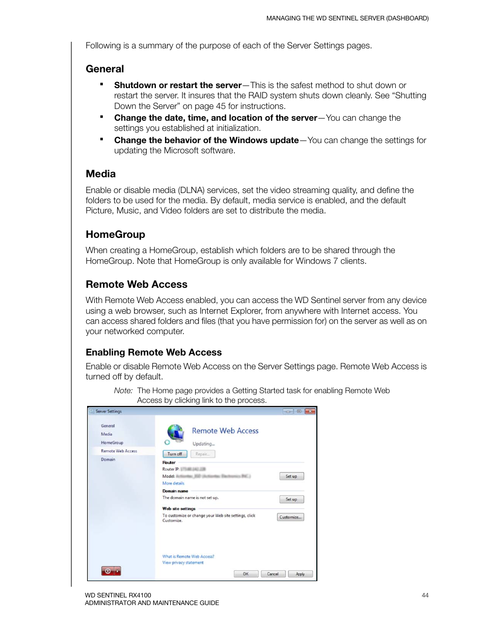 General, Media, Homegroup | Remote web access | Western Digital WD Sentinel RX4100 User Manual User Manual | Page 50 / 117