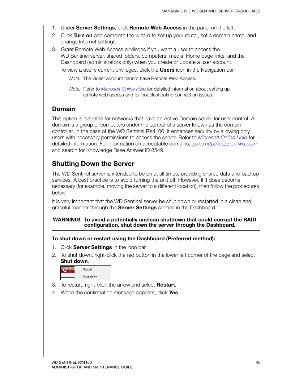Domain, Shutting down the server | Western Digital WD Sentinel RX4100 User Manual User Manual | Page 51 / 117