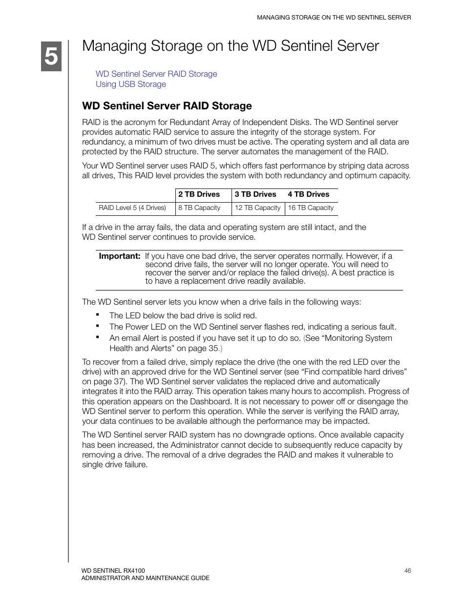 Managing storage on the wd sentinel server, Wd sentinel server raid storage | Western Digital WD Sentinel RX4100 User Manual User Manual | Page 52 / 117
