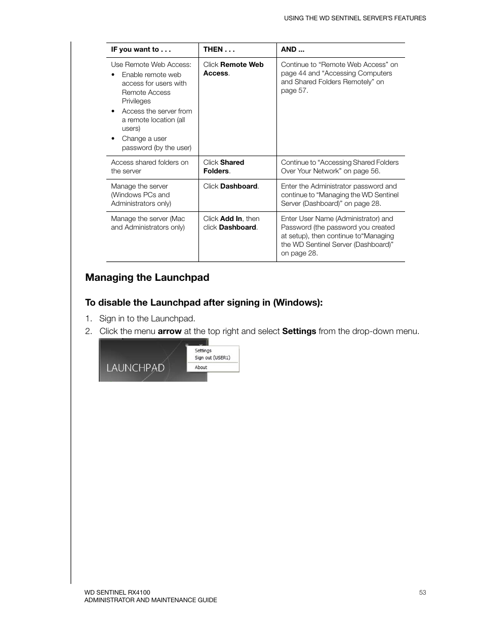 Managing the launchpad | Western Digital WD Sentinel RX4100 User Manual User Manual | Page 59 / 117
