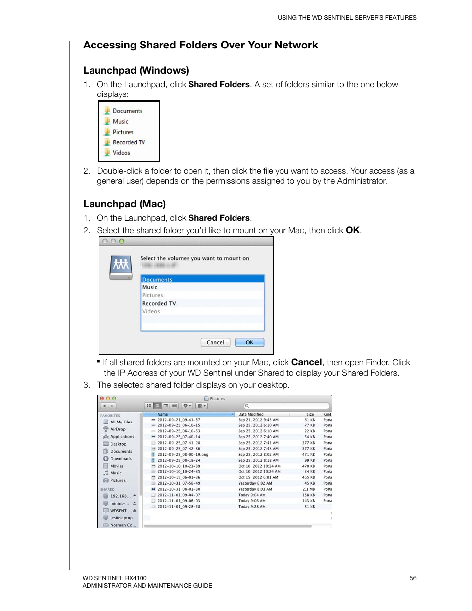 Accessing shared folders over your network, Launchpad (windows), Launchpad (mac) | Western Digital WD Sentinel RX4100 User Manual User Manual | Page 62 / 117