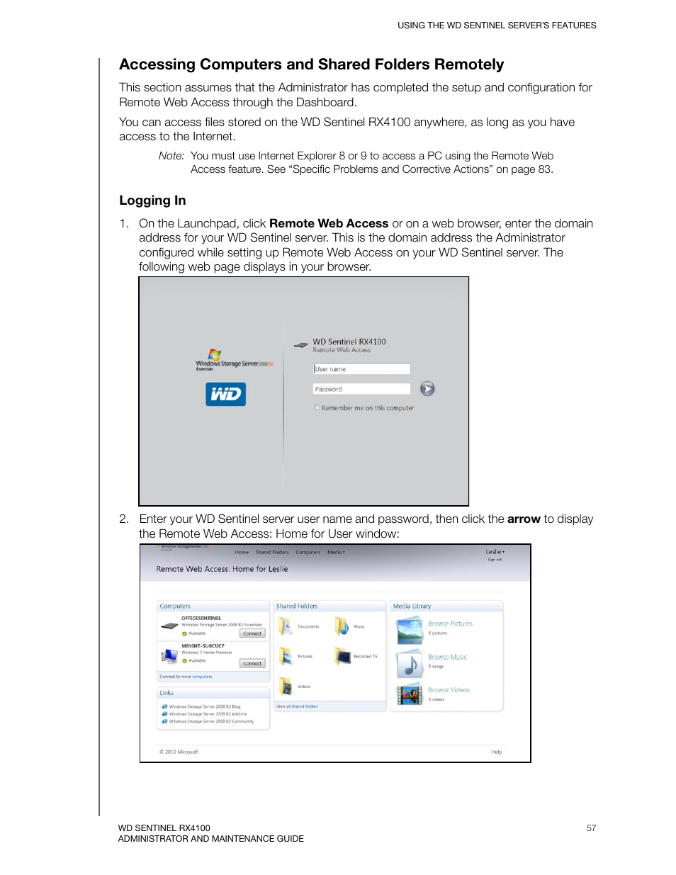 Accessing computers and shared folders remotely | Western Digital WD Sentinel RX4100 User Manual User Manual | Page 63 / 117