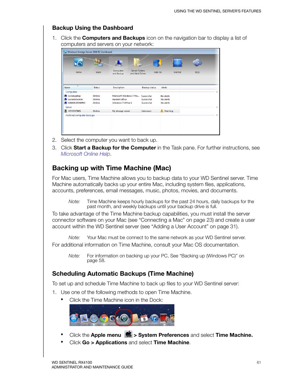 Backing up with time machine (mac), Scheduling automatic backups (time machine) | Western Digital WD Sentinel RX4100 User Manual User Manual | Page 67 / 117