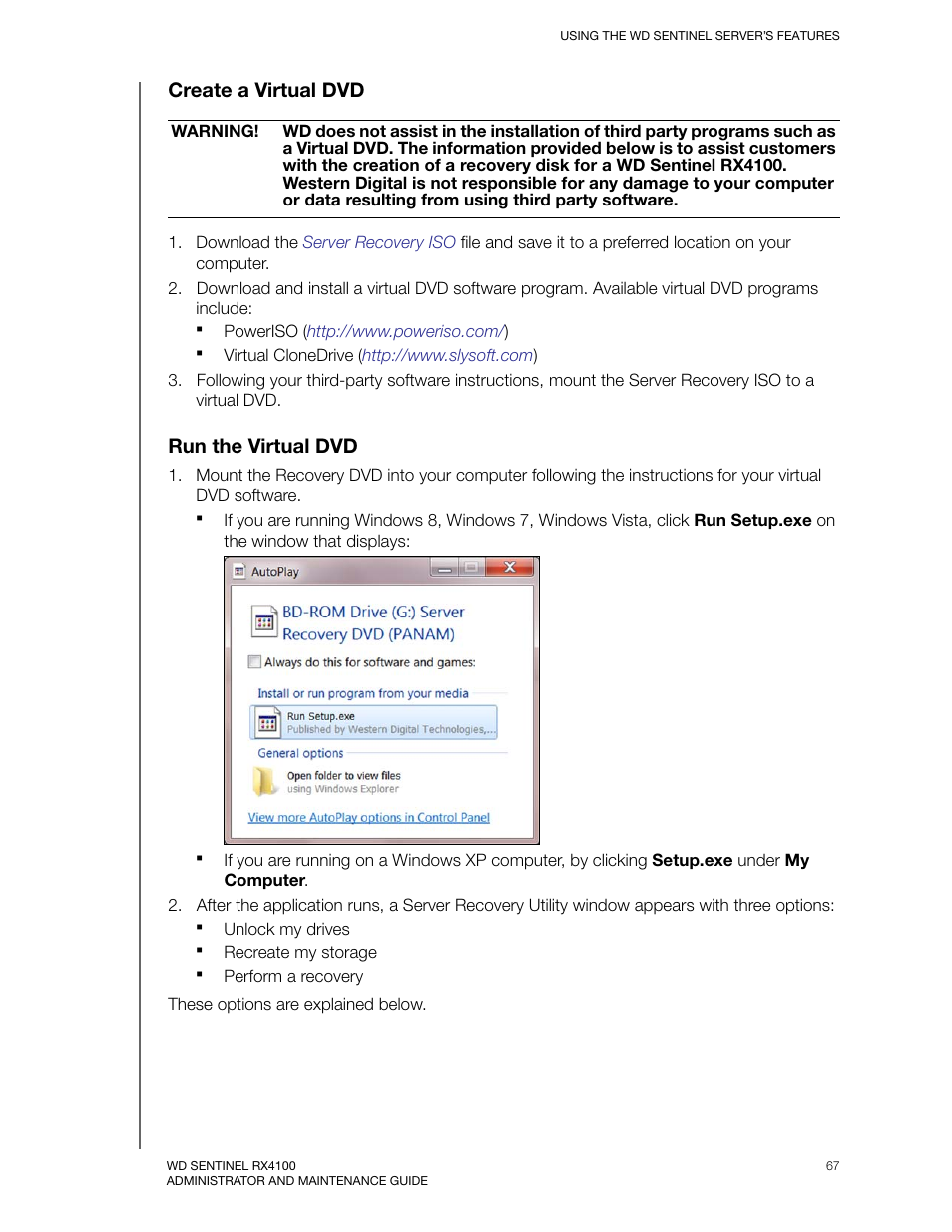Create a virtual dvd, Run the virtual dvd | Western Digital WD Sentinel RX4100 User Manual User Manual | Page 73 / 117