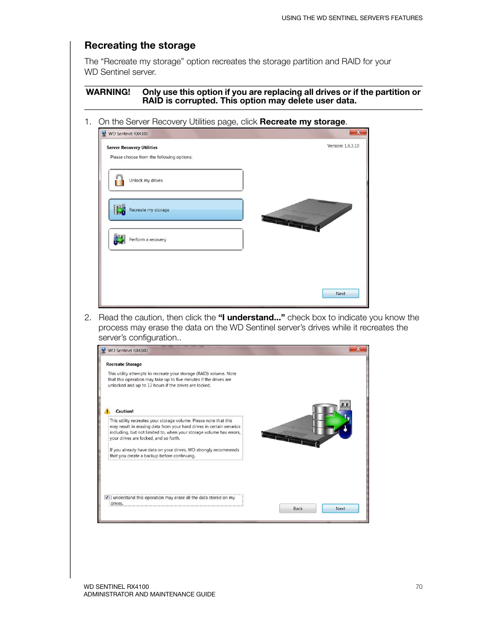 Recreating the storage | Western Digital WD Sentinel RX4100 User Manual User Manual | Page 76 / 117