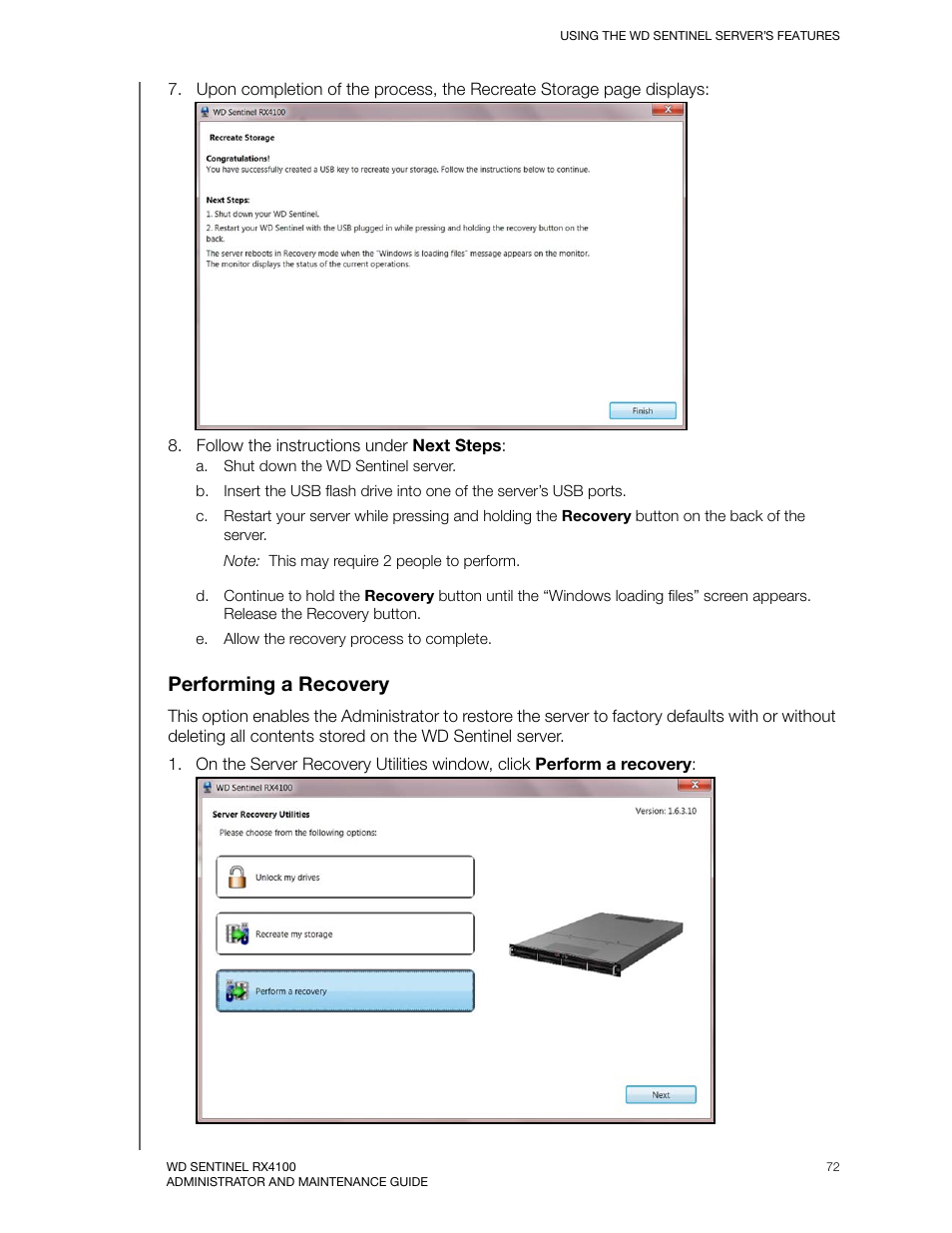 Performing a recovery | Western Digital WD Sentinel RX4100 User Manual User Manual | Page 78 / 117