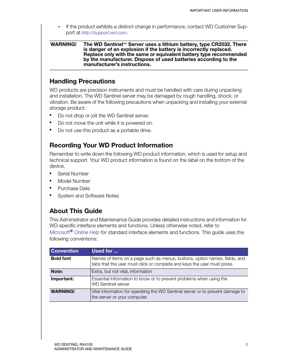 Handling precautions, Recording your wd product information, About this guide | Western Digital WD Sentinel RX4100 User Manual User Manual | Page 8 / 117