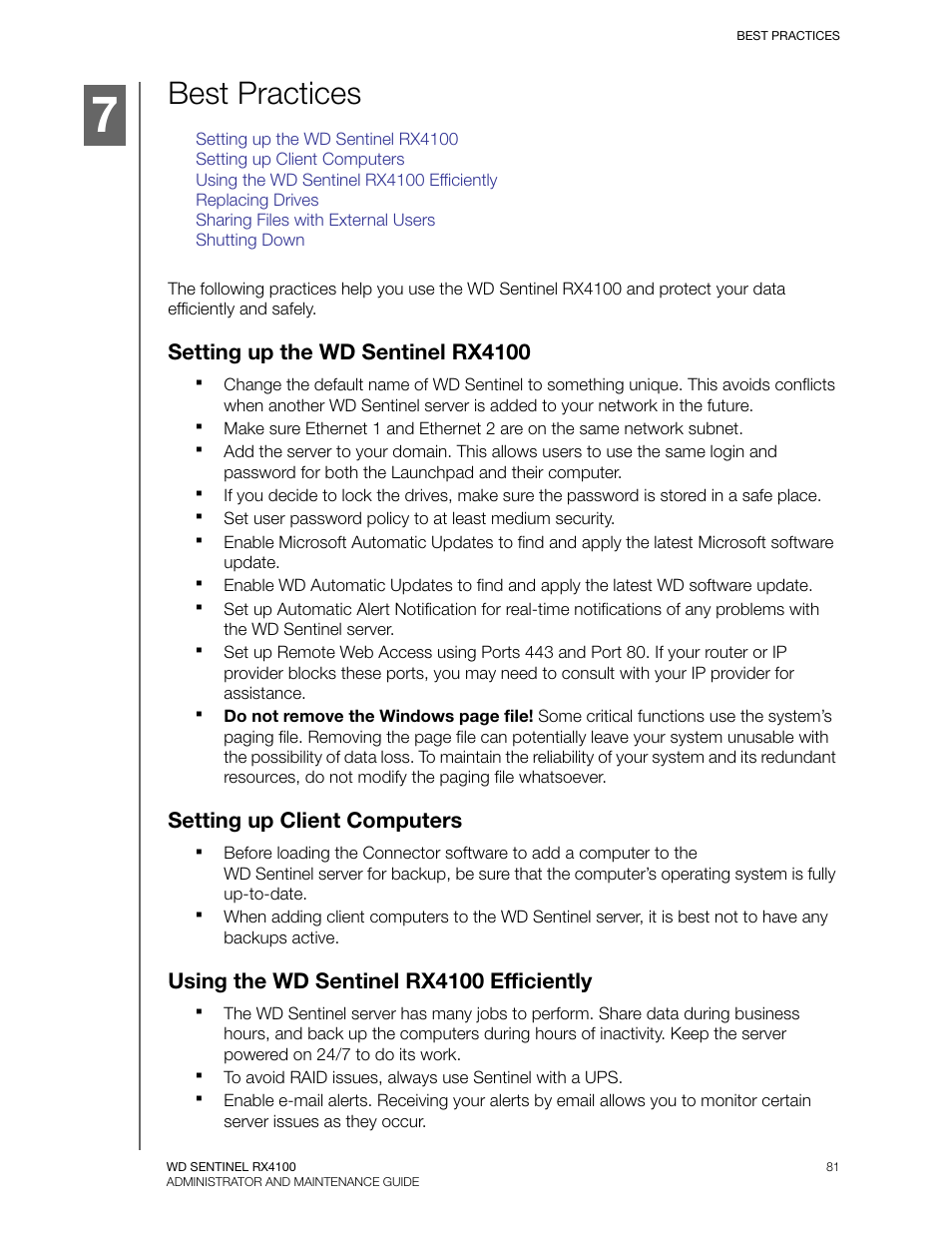 Best practices, Setting up the wd sentinel rx4100, Setting up client computers | Using the wd sentinel rx4100 efficiently | Western Digital WD Sentinel RX4100 User Manual User Manual | Page 87 / 117