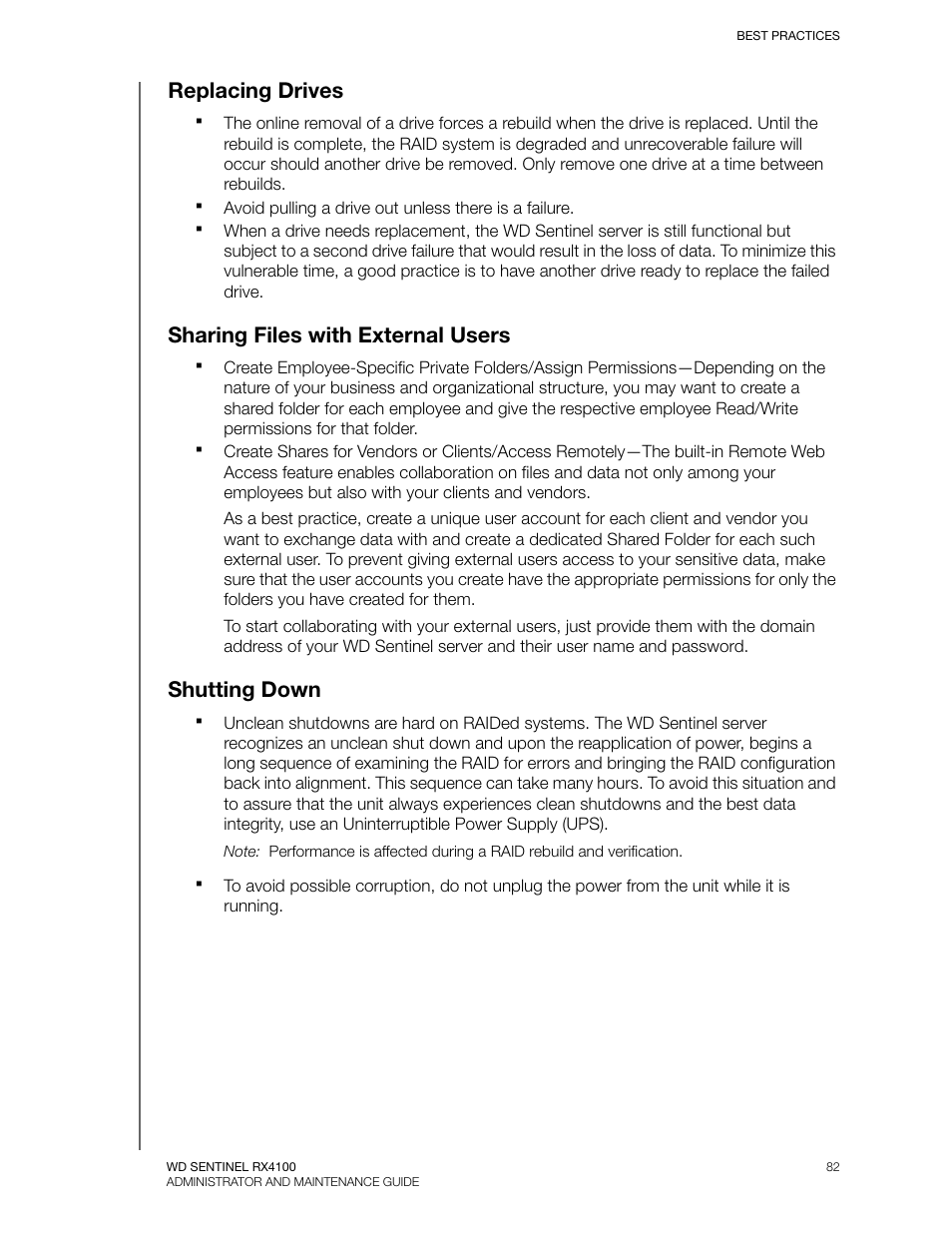 Replacing drives, Sharing files with external users, Shutting down | Western Digital WD Sentinel RX4100 User Manual User Manual | Page 88 / 117
