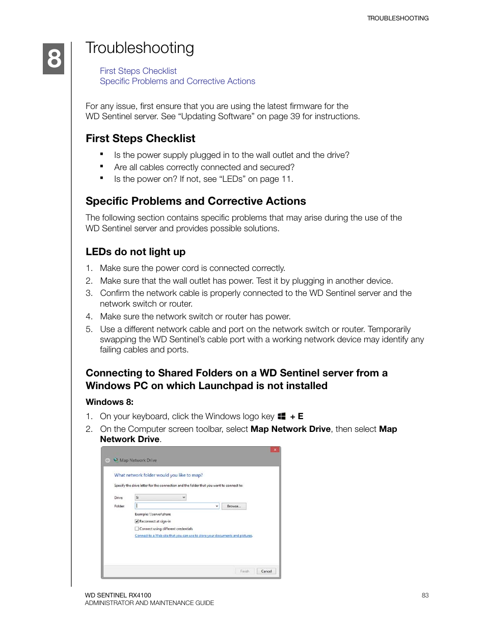 Troubleshooting, First steps checklist, Specific problems and corrective actions | Leds do not light up | Western Digital WD Sentinel RX4100 User Manual User Manual | Page 89 / 117