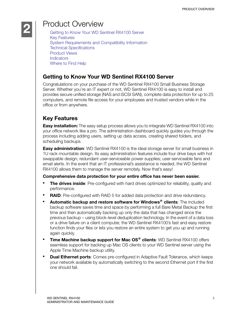 Product overview, Getting to know your wd sentinel rx4100 server, Key features | Western Digital WD Sentinel RX4100 User Manual User Manual | Page 9 / 117