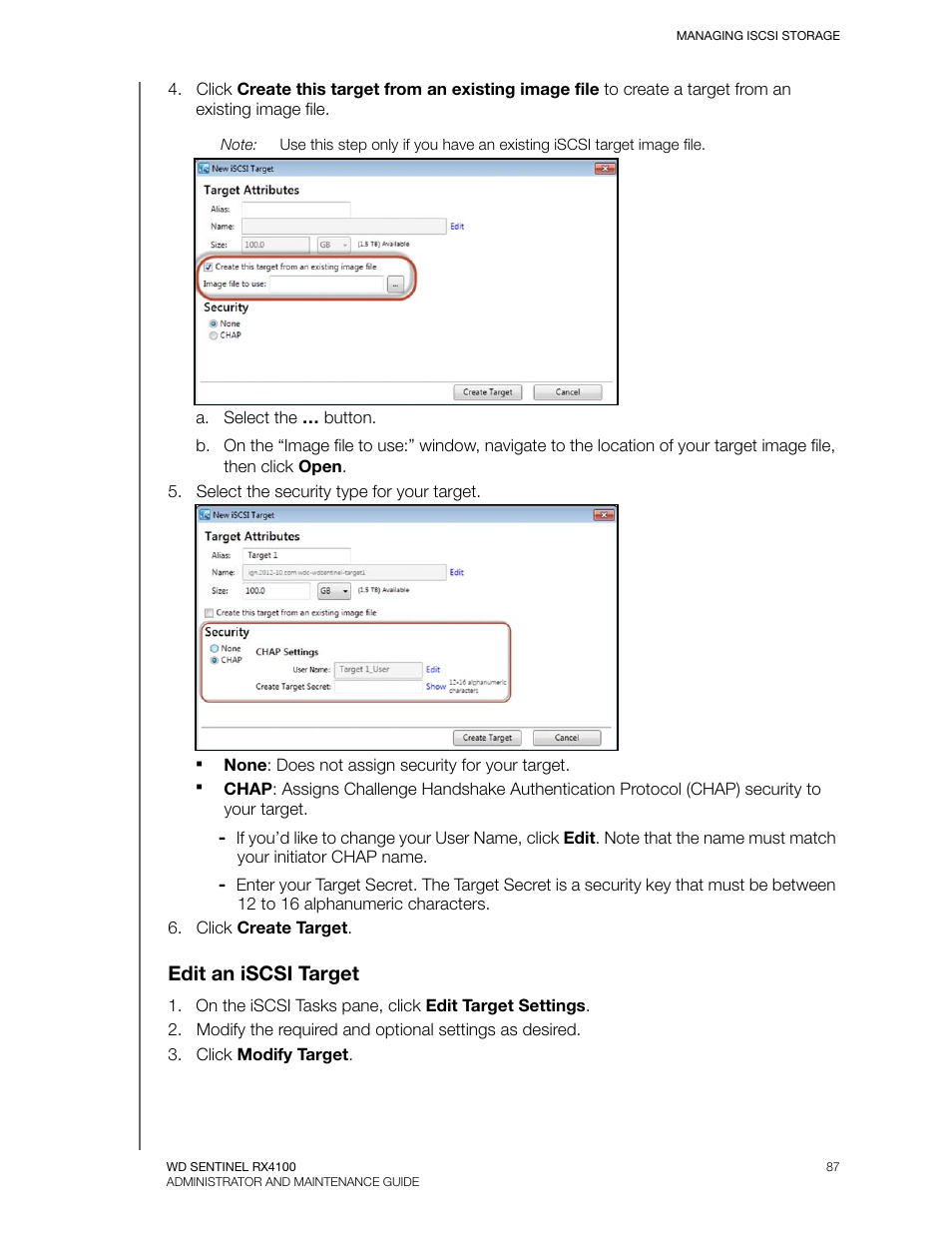 Edit an iscsi target | Western Digital WD Sentinel RX4100 User Manual User Manual | Page 93 / 117
