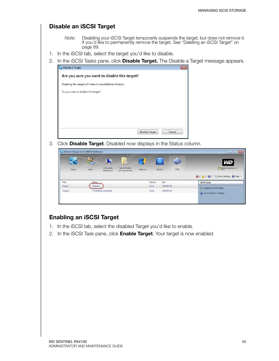 Disable an iscsi target, Enabling an iscsi target | Western Digital WD Sentinel RX4100 User Manual User Manual | Page 94 / 117