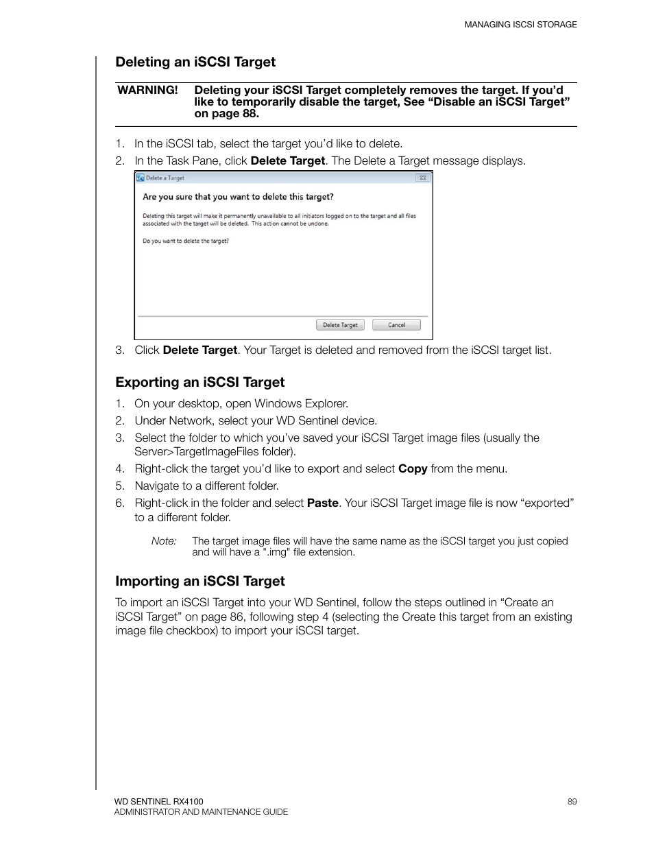 Deleting an iscsi target, Exporting an iscsi target, Importing an iscsi target | Western Digital WD Sentinel RX4100 User Manual User Manual | Page 95 / 117