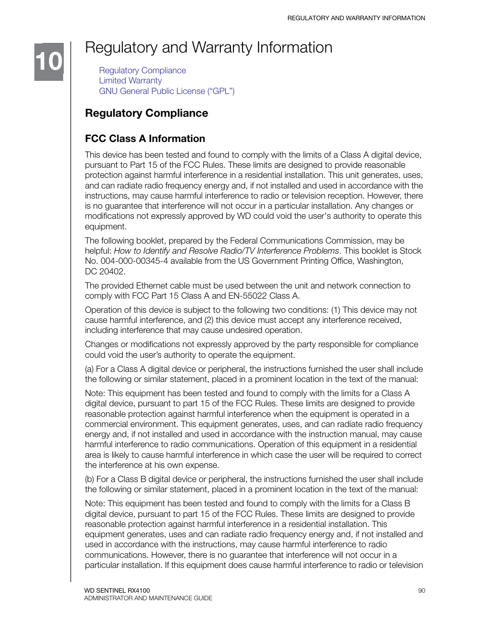 Regulatory and warranty information, Regulatory compliance, Fcc class a information | Western Digital WD Sentinel RX4100 User Manual User Manual | Page 96 / 117