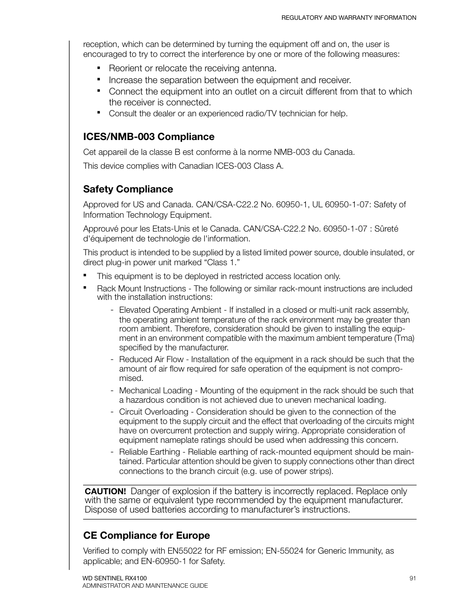 Ices/nmb-003 compliance, Safety compliance, Ce compliance for europe | Western Digital WD Sentinel RX4100 User Manual User Manual | Page 97 / 117