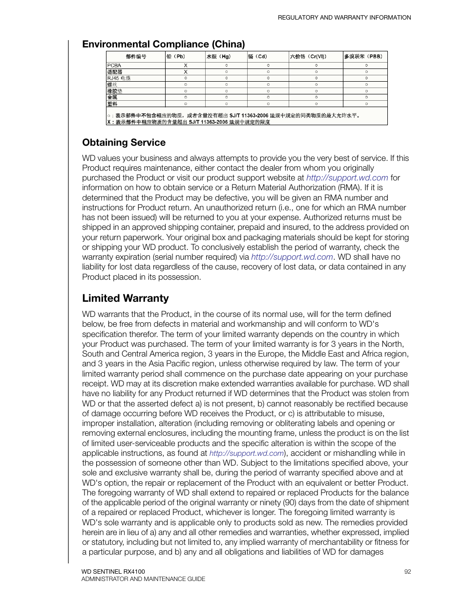 Environmental compliance (china), Obtaining service, Limited warranty | Western Digital WD Sentinel RX4100 User Manual User Manual | Page 98 / 117