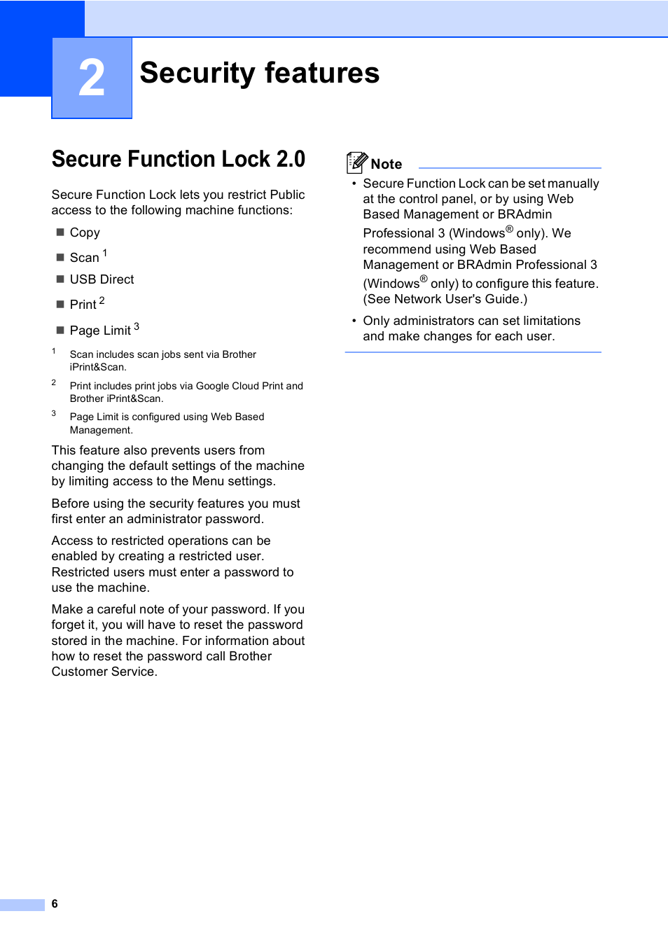 2 security features, Secure function lock 2.0, Security features | Brother Printer/Copier DCP-8110DN User Manual | Page 10 / 50