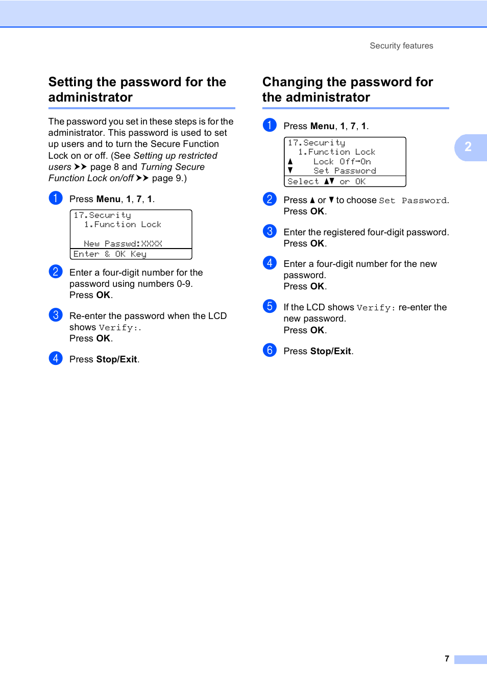 Setting the password for the administrator, Changing the password for the administrator, 2setting the password for the administrator | Brother Printer/Copier DCP-8110DN User Manual | Page 11 / 50