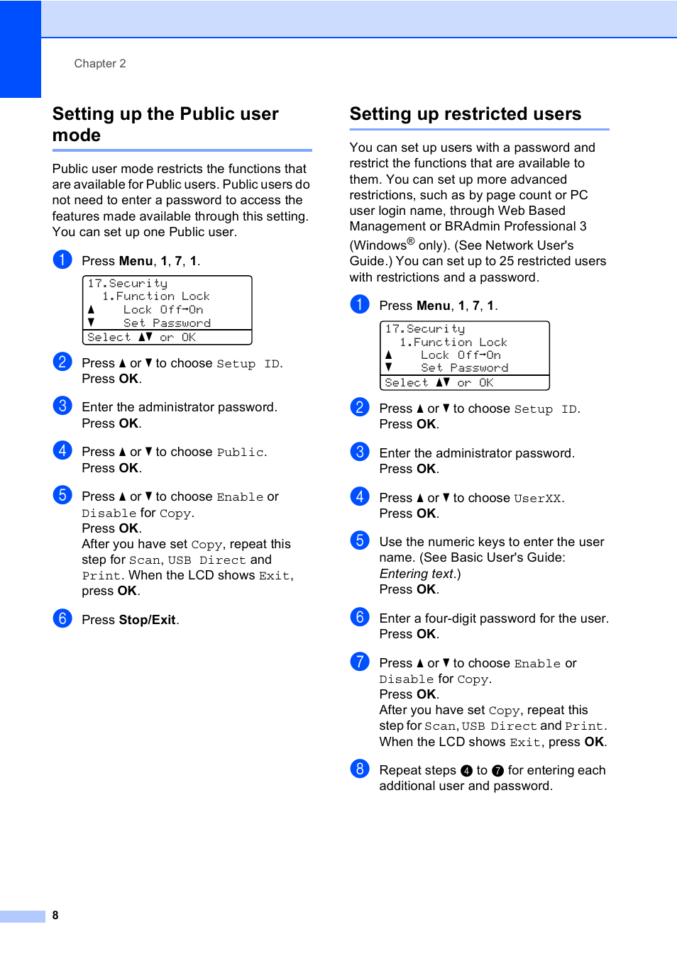 Setting up the public user mode, Setting up restricted users | Brother Printer/Copier DCP-8110DN User Manual | Page 12 / 50