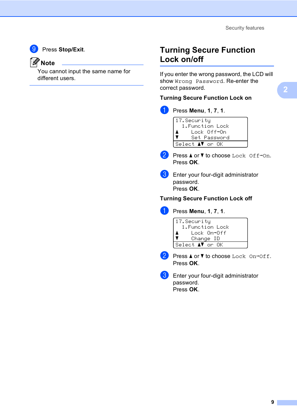Turning secure function lock on/off | Brother Printer/Copier DCP-8110DN User Manual | Page 13 / 50