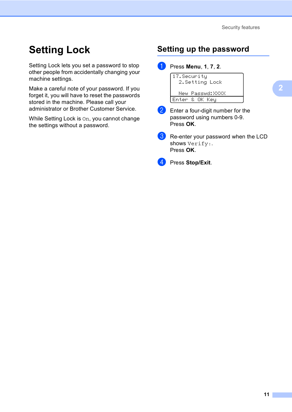 Setting lock, Setting up the password | Brother Printer/Copier DCP-8110DN User Manual | Page 15 / 50