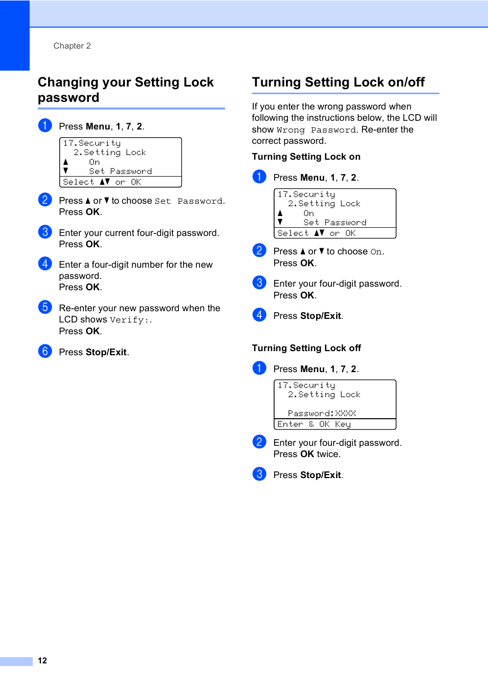 Changing your setting lock password, Turning setting lock on/off | Brother Printer/Copier DCP-8110DN User Manual | Page 16 / 50