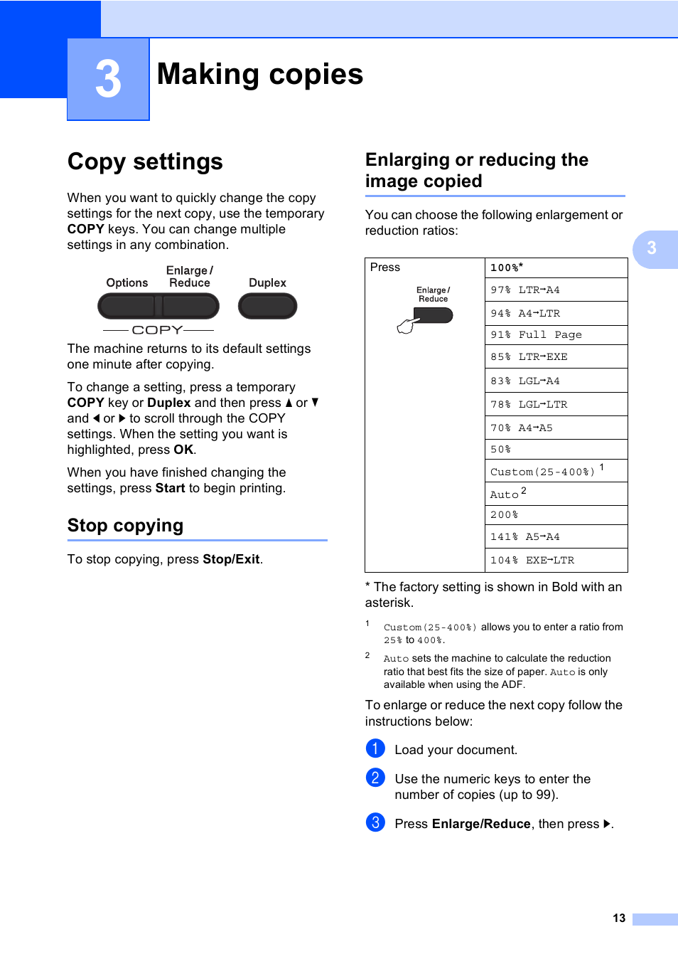 3 making copies, Copy settings, Stop copying | Enlarging or reducing the image copied, Making copies | Brother Printer/Copier DCP-8110DN User Manual | Page 17 / 50