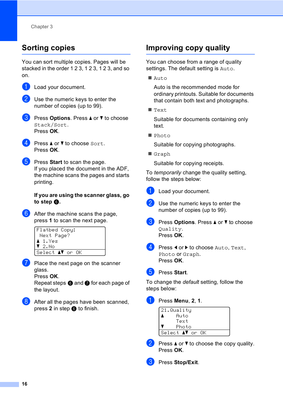 Sorting copies, Improving copy quality, Sorting copies improving copy quality | Brother Printer/Copier DCP-8110DN User Manual | Page 20 / 50