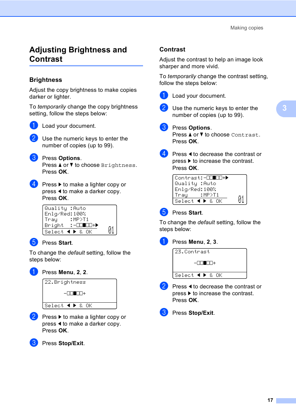 Adjusting brightness and contrast, Brightness, Contrast | 3adjusting brightness and contrast | Brother Printer/Copier DCP-8110DN User Manual | Page 21 / 50