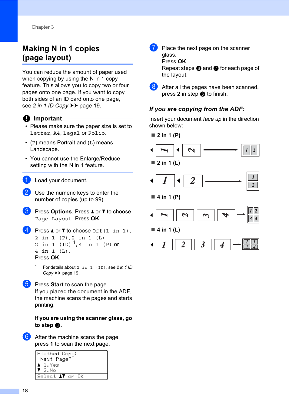 If you are copying from the adf, Making n in 1 copies (page layout) | Brother Printer/Copier DCP-8110DN User Manual | Page 22 / 50