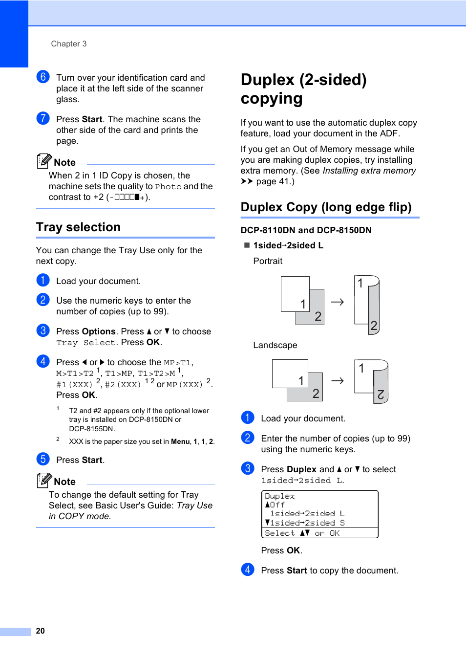 Tray selection, Duplex (2-sided) copying, Duplex copy (long edge flip) | Brother Printer/Copier DCP-8110DN User Manual | Page 24 / 50