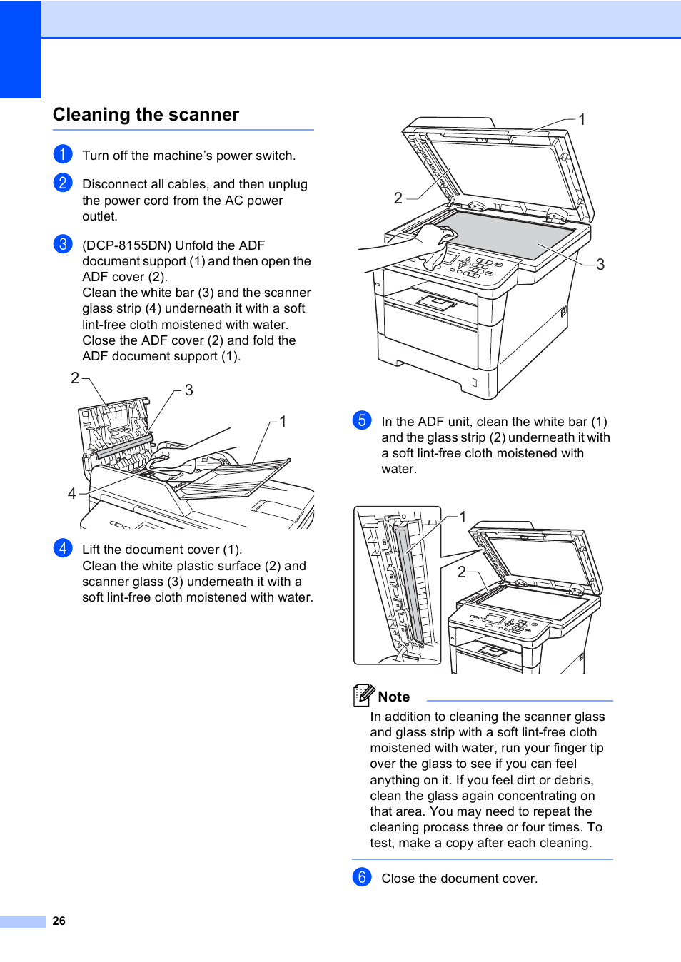Cleaning the scanner | Brother Printer/Copier DCP-8110DN User Manual | Page 30 / 50