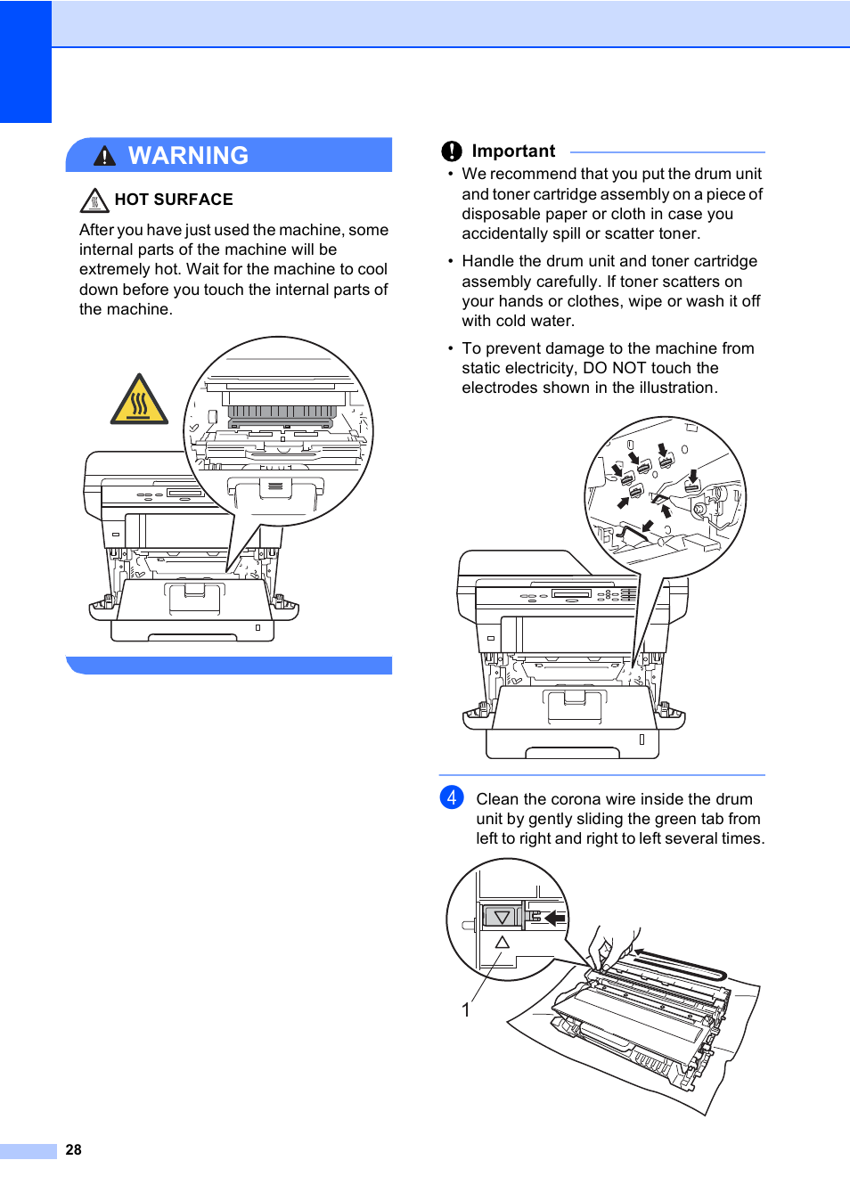 Warning, Important | Brother Printer/Copier DCP-8110DN User Manual | Page 32 / 50