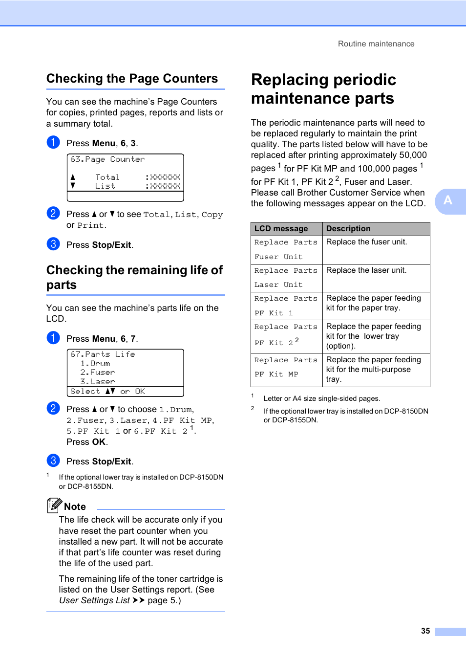 Checking the remaining life of parts, Replacing periodic maintenance parts, Achecking the page counters | Brother Printer/Copier DCP-8110DN User Manual | Page 39 / 50