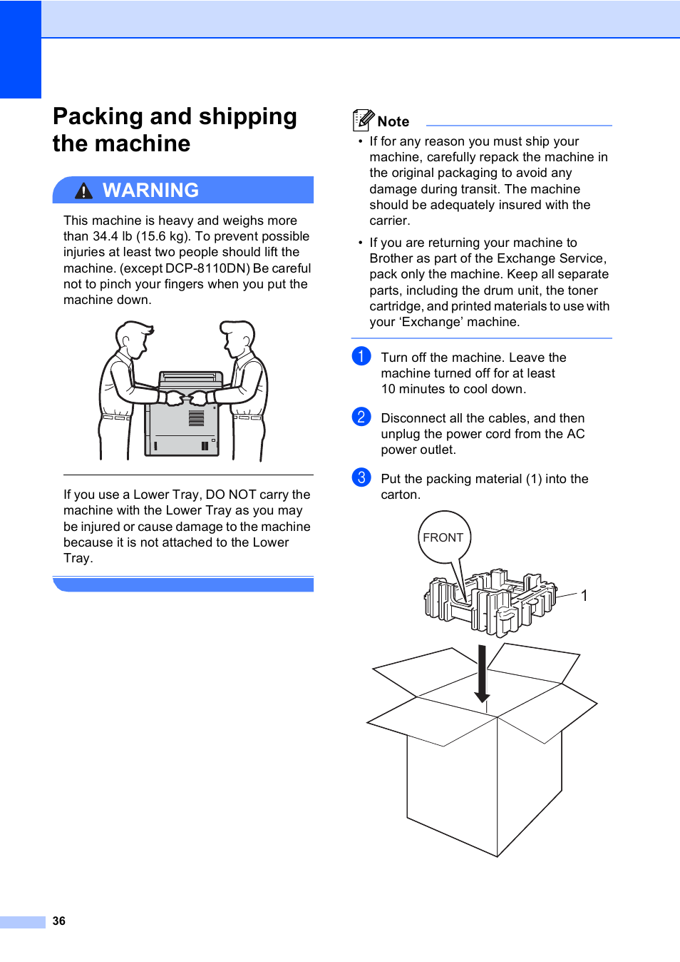 Packing and shipping the machine, Warning | Brother Printer/Copier DCP-8110DN User Manual | Page 40 / 50