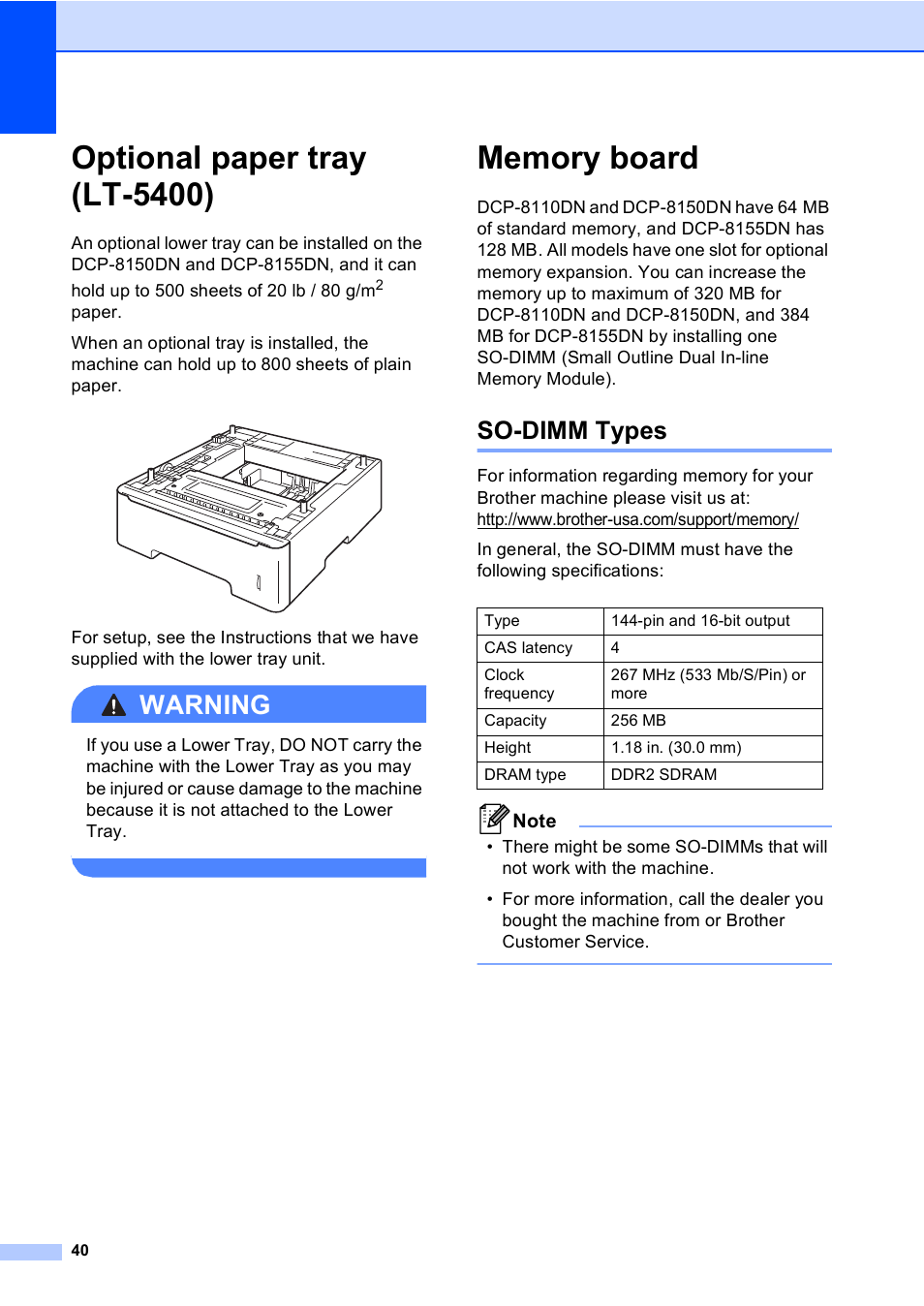 Optional paper tray (lt-5400), Memory board, So-dimm types | Optional paper tray (lt-5400) memory board, Warning | Brother Printer/Copier DCP-8110DN User Manual | Page 44 / 50